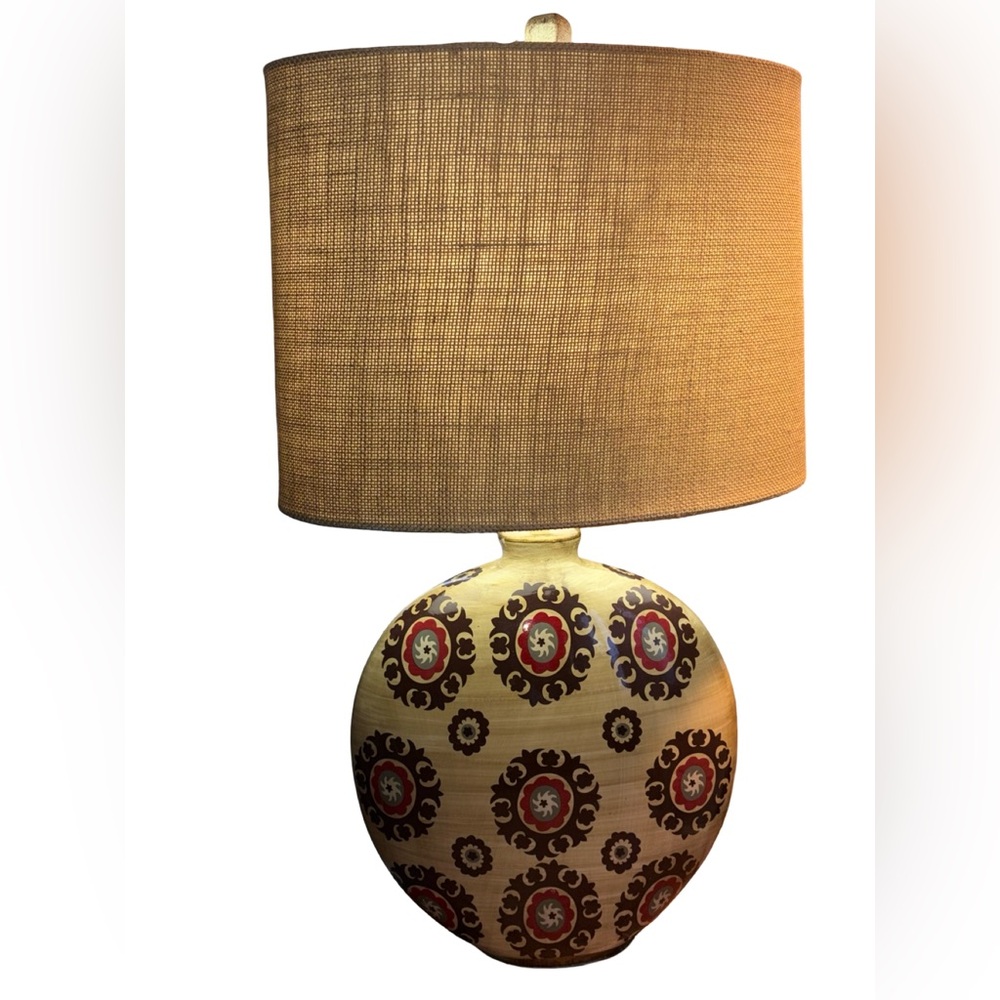 Vintage Boho Ceramic Lamp Patterned Base & Burlap Shade Rustic Accent Decor